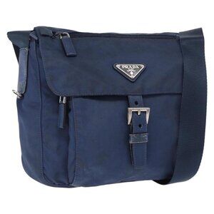 Authentic PRADA Shoulder Bag Nylon Navy Silver